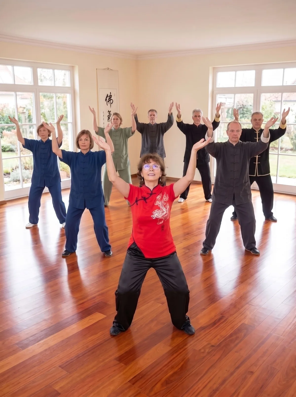 Cours de qi-gong à Mâcon avec l'École des 3 énergies, pratiquants réalisant un exercice en levant les bras en haut dans une belle salle