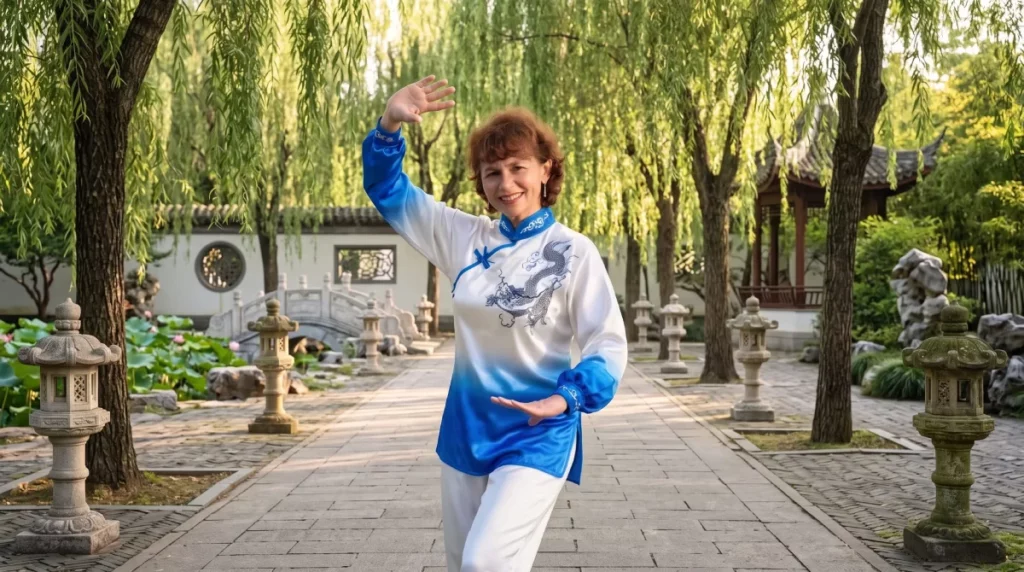 Irène réalisant un exercice de qi-gong dans un jardin traditionnel de Chine, symbole du bien-être enseigné à l'École des 3 énergies.